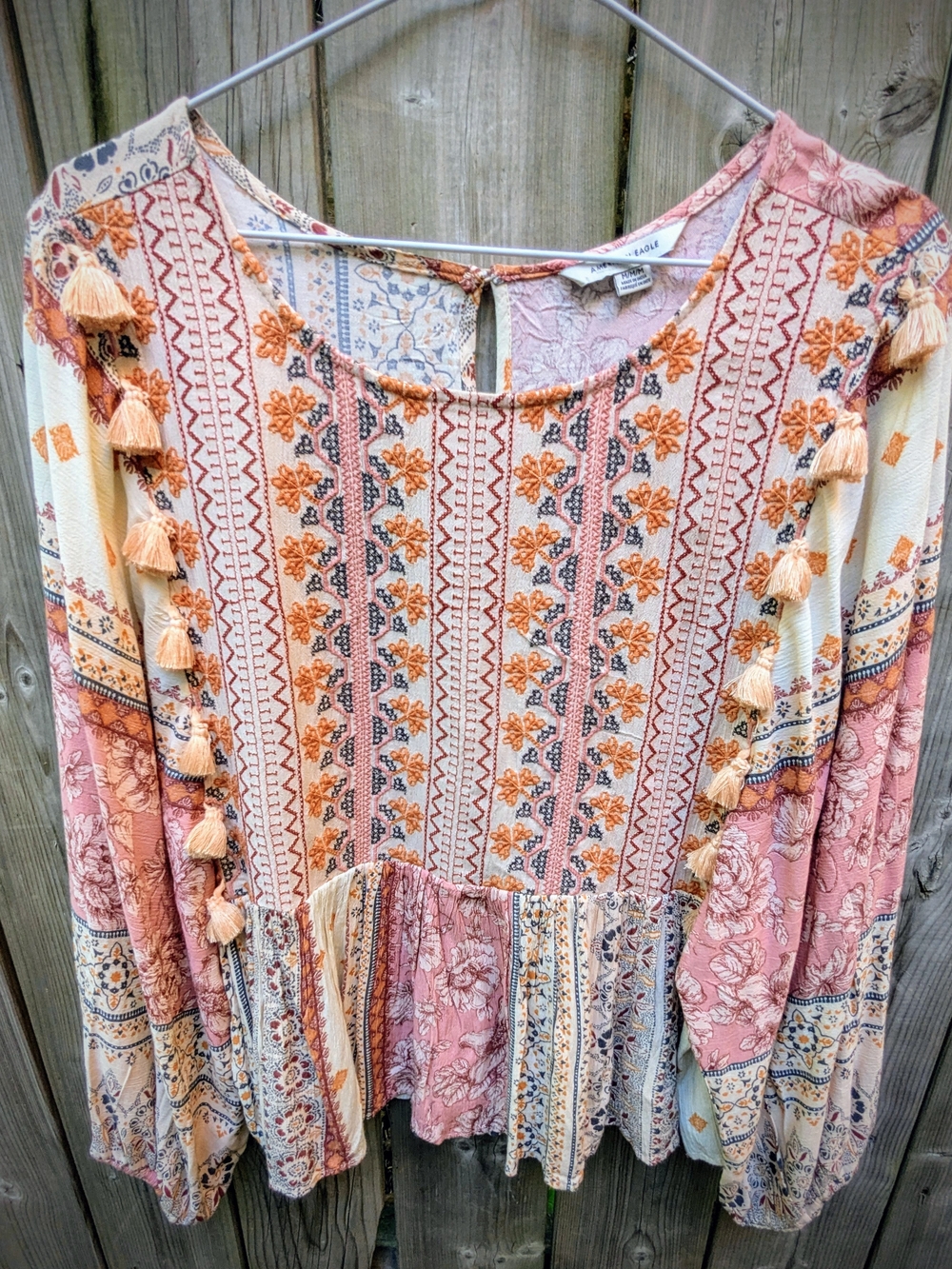 American Eagle Outfitters Pink & Cream Boho Tassel Tunic M